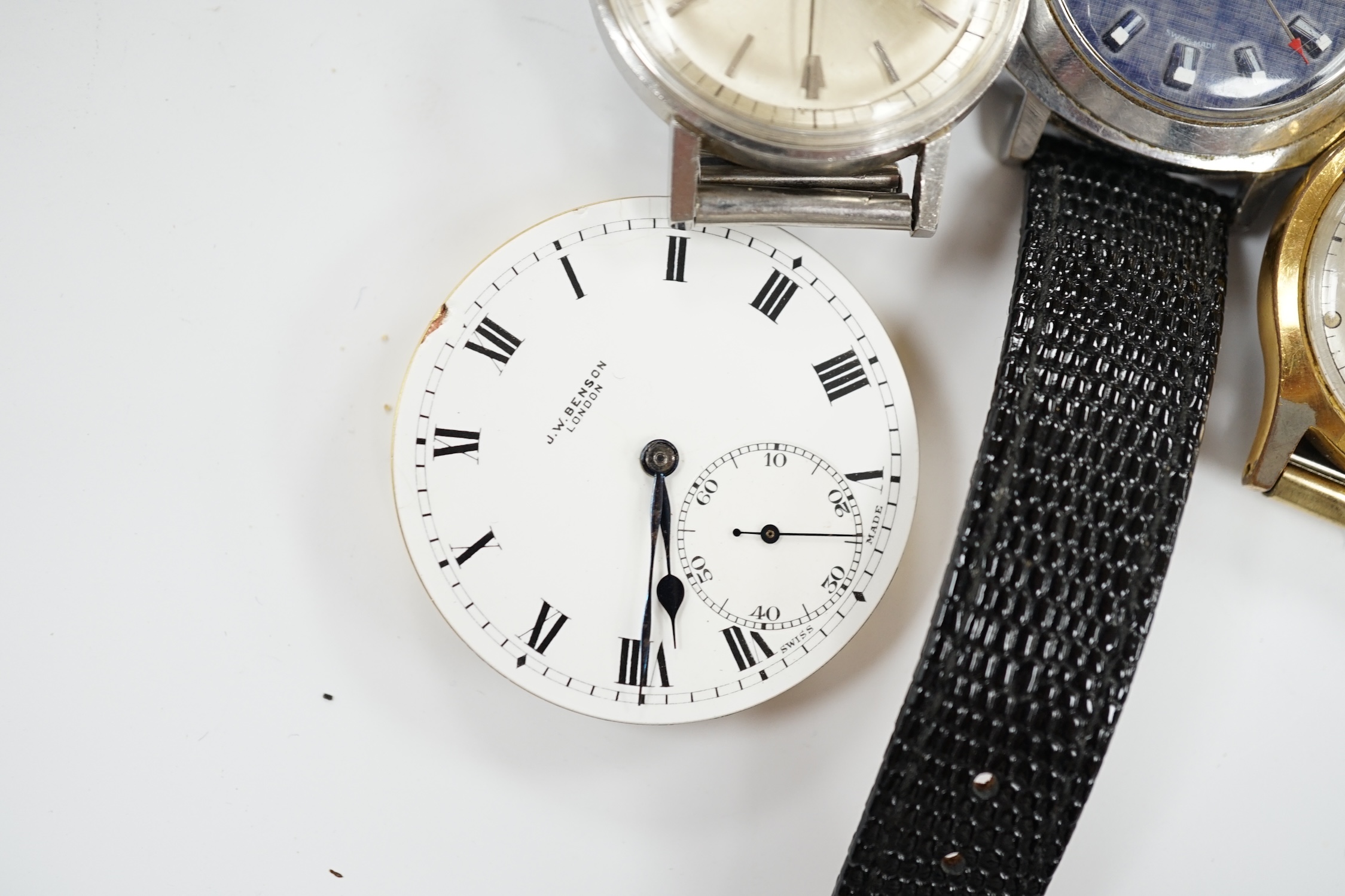 A gentleman's stainless steel Bulova Accutron wrist watch, on associated flexible strap, two other gentleman's wrist watches including Oris and a J.W. Benson pocket watch movement.